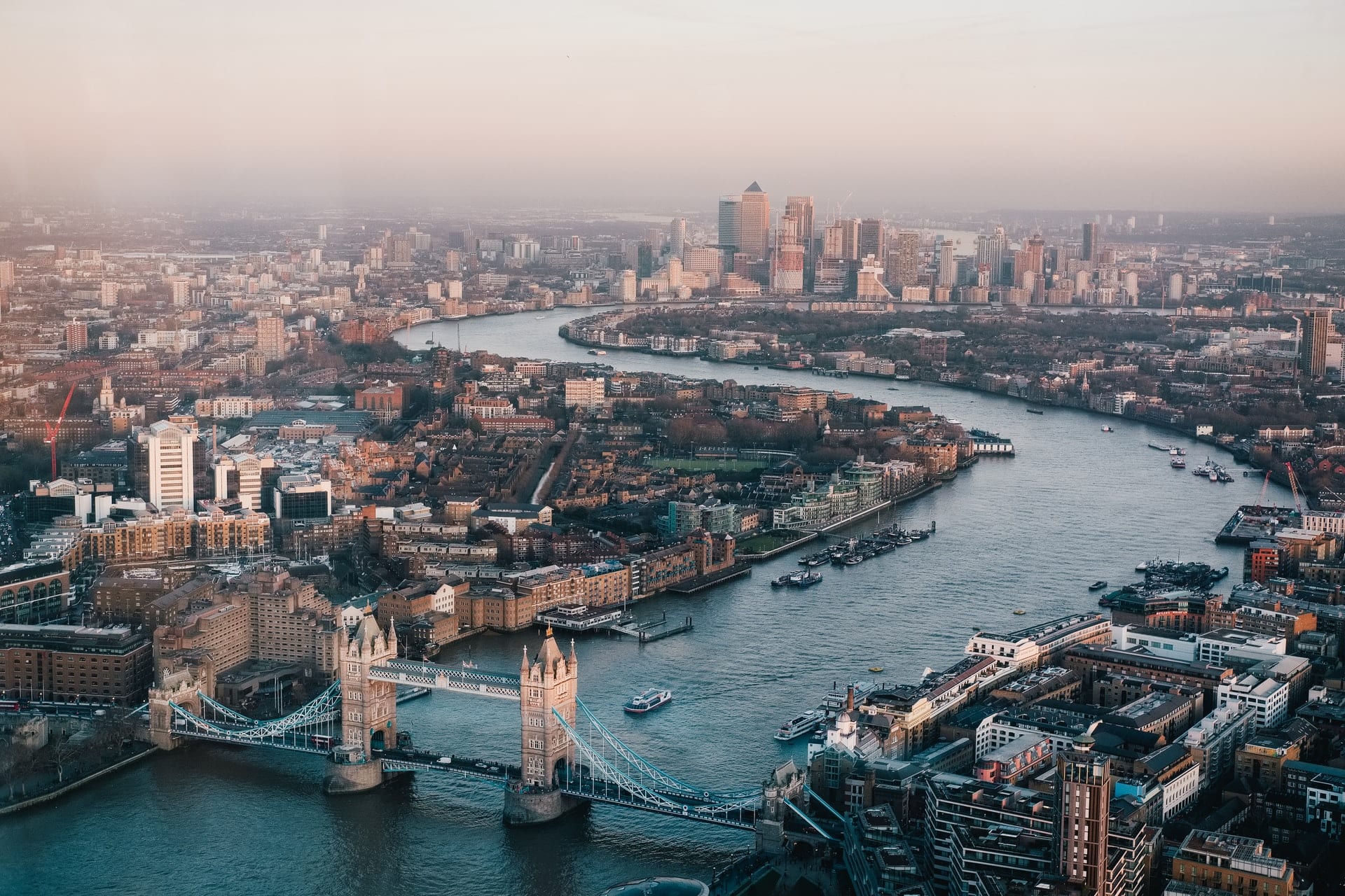 aerial-view-of-tower-bridge-and-the-river-thames-in-london-at-sunset